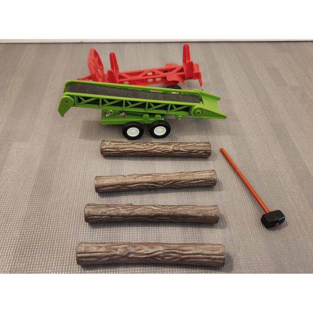 Vintage Farm Toy Logging Set‎ Green Elevator Red Trailer 4 Logs Sledgehammer